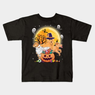 Golden Retriever Dog Mummy Witch Moon Ghosts Happy Halloween Thanksgiving Merry Christmas Day Kids T-Shirt